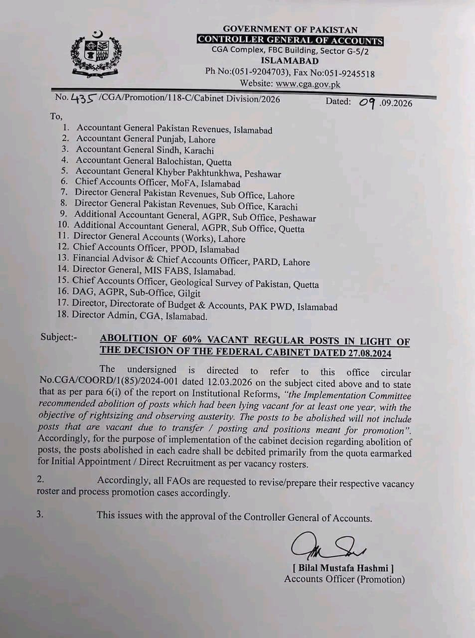 CGA letter dated 9 September 2026 on abolition of 60 percent vacant regular posts