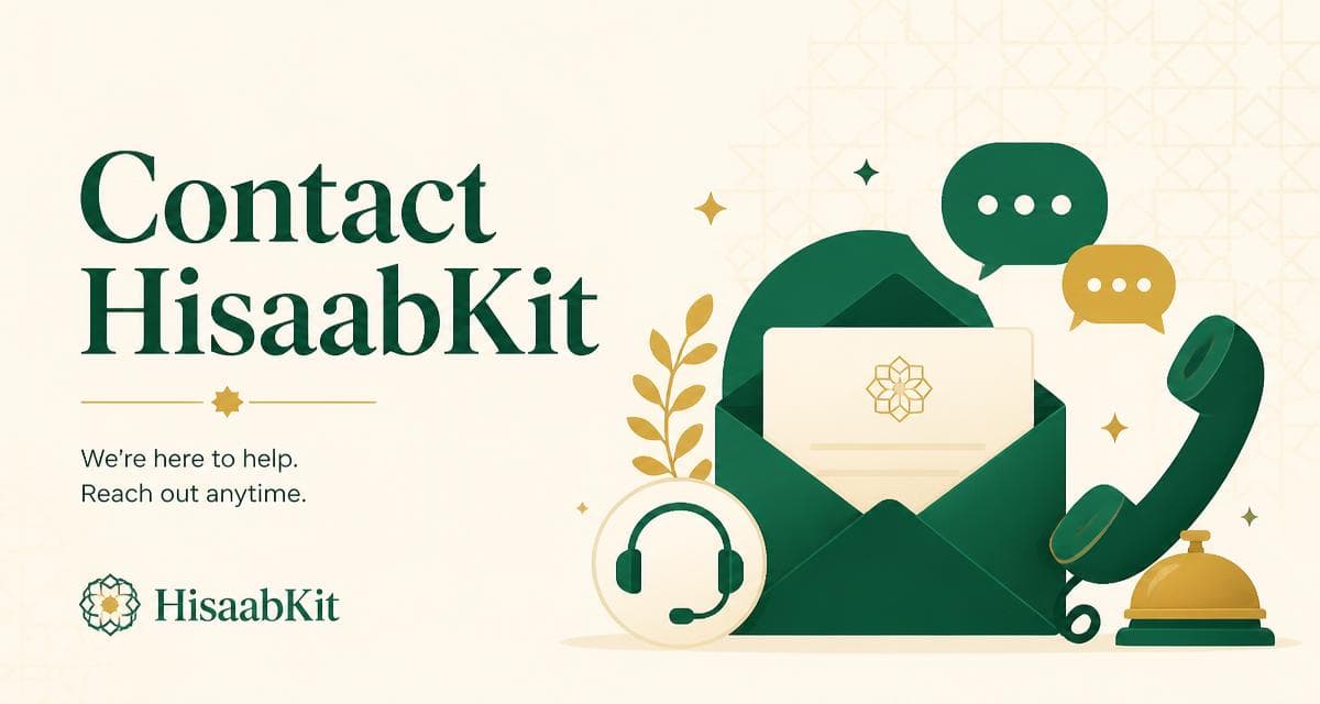 Contact illustration with a calculator, envelope, phone, and location marker