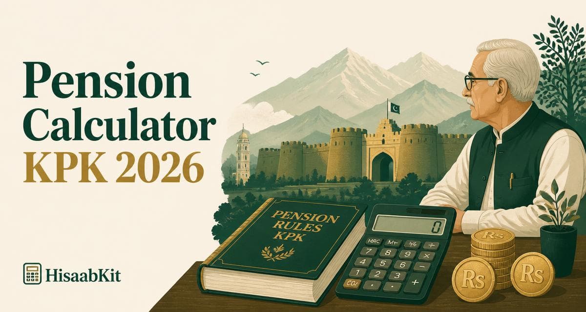 Illustration of Khyber Pakhtunkhwa mountains, a government building and pension coins
