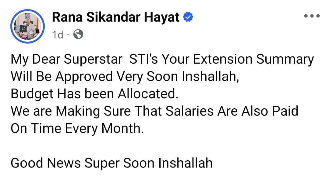 Public clarification attributed to Rana Sikandar Hayat about STI contract extension