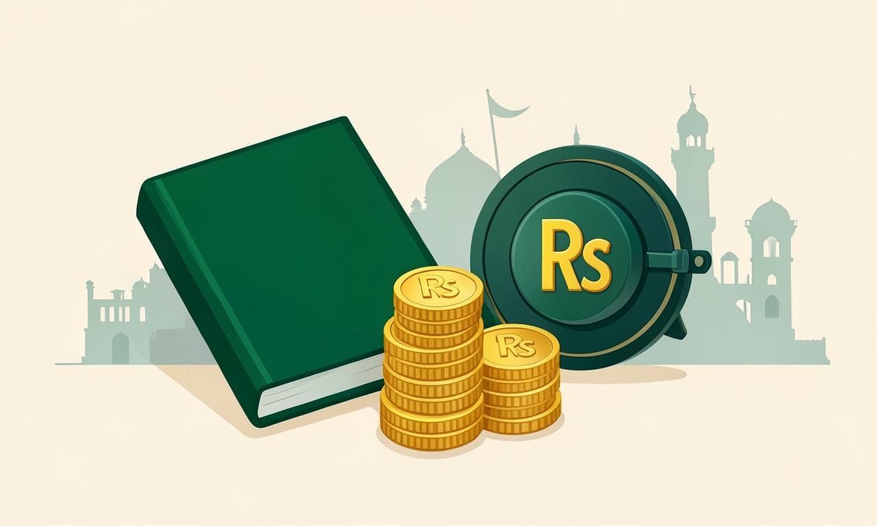 General Provident Fund illustration with a savings book, rupee safe and Pakistani landmarks