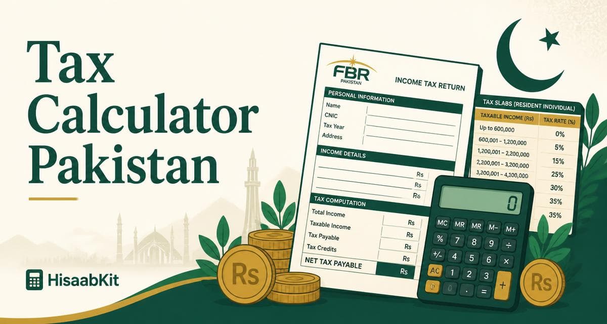 Tax calculator illustration with a laptop, tax document and coins