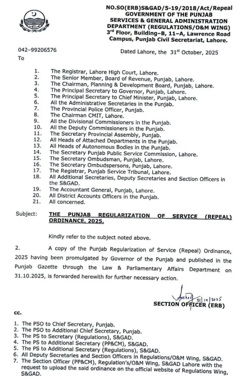 S&GAD Punjab communication dated 31 October 2025 forwarding the Punjab Regularization of Service Repeal Ordinance 2025