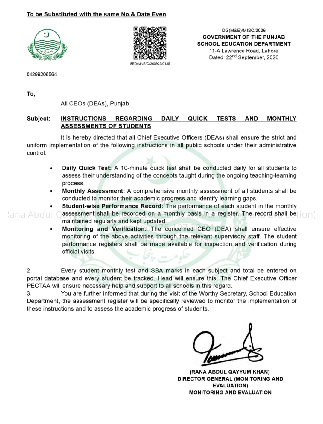 Punjab School Education Department notification dated 22 September 2026 regarding daily quick tests and monthly assessments of students
